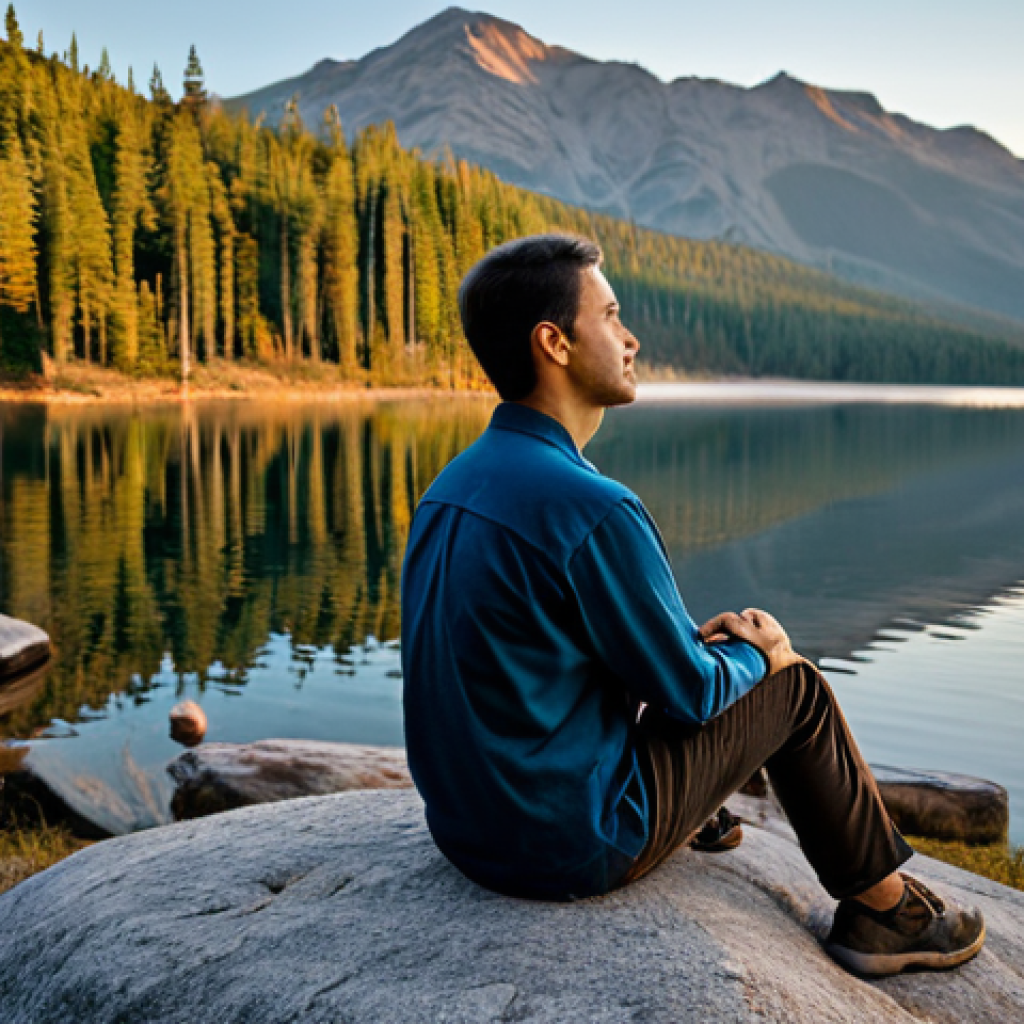 A solo traveler, fully clothed in modest, comfortable outdoor attire, sits peacefully on a smooth rock overlooking a serene, remote mountain lake at dawn. Their eyes are closed in quiet contemplation, embracing the tranquility of untouched nature. The rising sun casts a soft, warm glow on the calm water and surrounding pine forests, emphasizing a profound sense of inner peace and digital detox. The atmosphere is quiet and undisturbed. Perfect anatomy, correct proportions, and a natural pose are essential, with well-formed hands gently resting on their lap. This is a professional outdoor photograph, high quality, safe for work, appropriate content, and family-friendly.