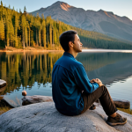A solo traveler, fully clothed in modest, comfortable outdoor attire, sits peacefully on a smooth rock overlooking a serene, remote mountain lake at dawn. Their eyes are closed in quiet contemplation, embracing the tranquility of untouched nature. The rising sun casts a soft, warm glow on the calm water and surrounding pine forests, emphasizing a profound sense of inner peace and digital detox. The atmosphere is quiet and undisturbed. Perfect anatomy, correct proportions, and a natural pose are essential, with well-formed hands gently resting on their lap. This is a professional outdoor photograph, high quality, safe for work, appropriate content, and family-friendly.