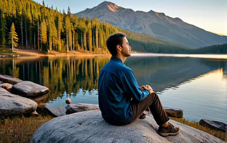 A solo traveler, fully clothed in modest, comfortable outdoor attire, sits peacefully on a smooth rock overlooking a serene, remote mountain lake at dawn. Their eyes are closed in quiet contemplation, embracing the tranquility of untouched nature. The rising sun casts a soft, warm glow on the calm water and surrounding pine forests, emphasizing a profound sense of inner peace and digital detox. The atmosphere is quiet and undisturbed. Perfect anatomy, correct proportions, and a natural pose are essential, with well-formed hands gently resting on their lap. This is a professional outdoor photograph, high quality, safe for work, appropriate content, and family-friendly.
