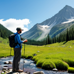 A thoughtful individual, fully clothed in modest, professional hiking attire, carefully places a small, reusable item into their backpack while standing in a pristine, remote mountain landscape. The scene emphasizes the 'Leave No Trace' principle, with a clear mountain stream, lush green forest, and distant peaks under a bright sky. The image features perfect anatomy, correct proportions, a natural pose, well-formed hands, proper finger count, natural body proportions, safe for work, appropriate content, and is family-friendly.