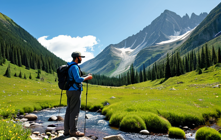 A thoughtful individual, fully clothed in modest, professional hiking attire, carefully places a small, reusable item into their backpack while standing in a pristine, remote mountain landscape. The scene emphasizes the 'Leave No Trace' principle, with a clear mountain stream, lush green forest, and distant peaks under a bright sky. The image features perfect anatomy, correct proportions, a natural pose, well-formed hands, proper finger count, natural body proportions, safe for work, appropriate content, and is family-friendly.
